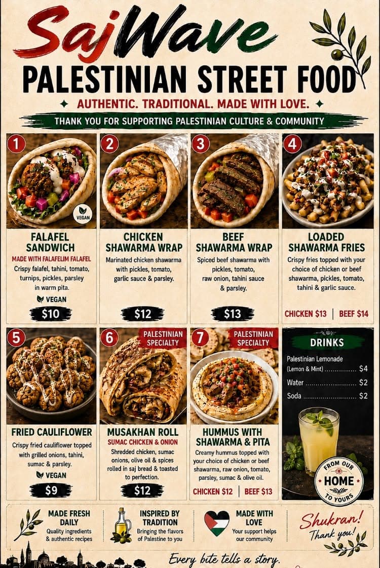 The SajWave menu board: falafel, chicken and beef shawarma, loaded fries, musakhan rolls and hummus